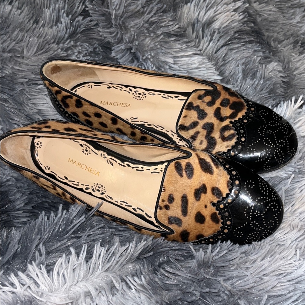 Marchesa Pony Fur and Laser cut Patent Leather Leopard Flats 41 US 11 - Picture 2 of 9